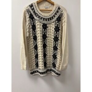 VTG Belldini 3D Sweater Cream/Black Flower Appliqué Lattice Pattern Art To Wear